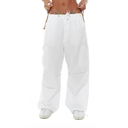 Custom Autumn Oversized Multi Pocket Style Baggy Cargo Pants Drawstring Waistband Pleated Knee Purple Woman Parachute Pants