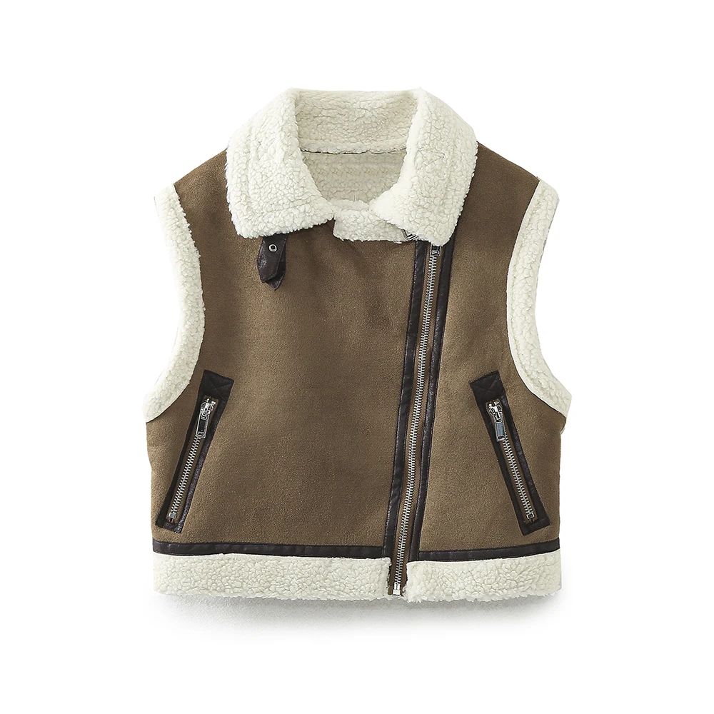 Turn down collar zipper fly khaki color casual fashion suede vest for women