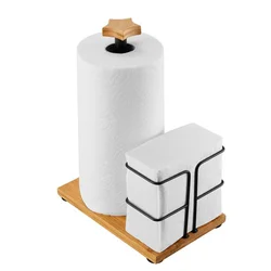 2-in-1 Paper Towel Holder Countertop Napkin Rack Kitchen Rolls Holder Stand with Wood Base