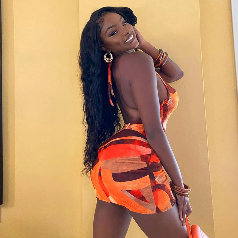 M02238 fashion printed halter backless sleeveless mini bodycon ladies dress