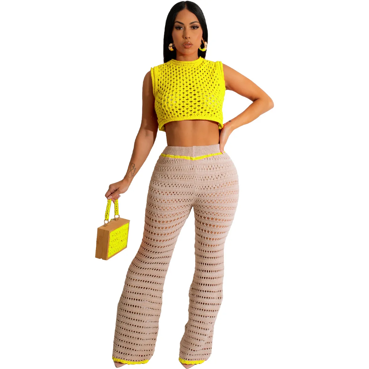 2024 New 2 Piece Women Outfit Crochet Pants Set For Women Two Piece Set Women Clothing With Crop Tank Top