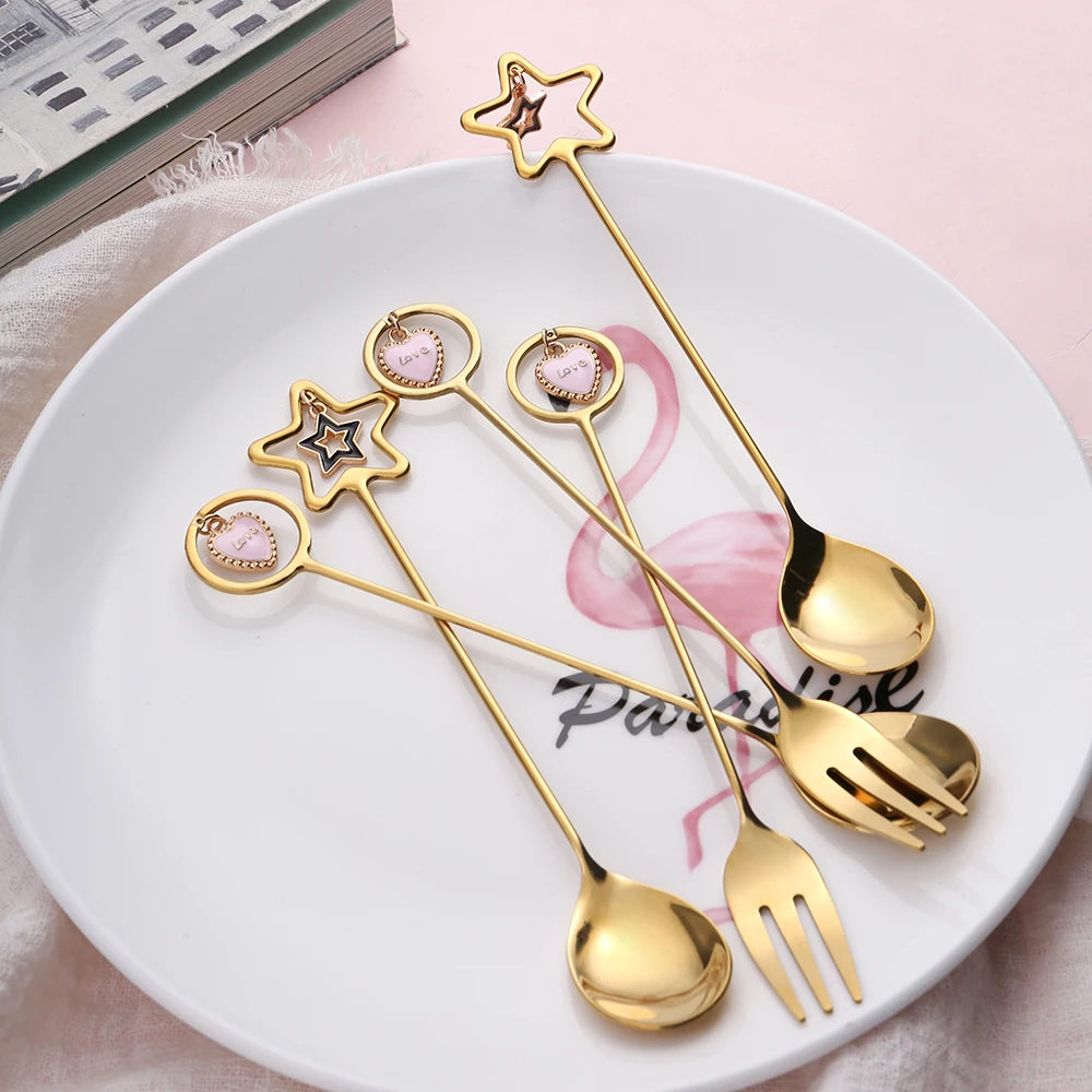 
Creative Stainless Steel Gold Color Heart Star Coffee Ice Cream Spoon 