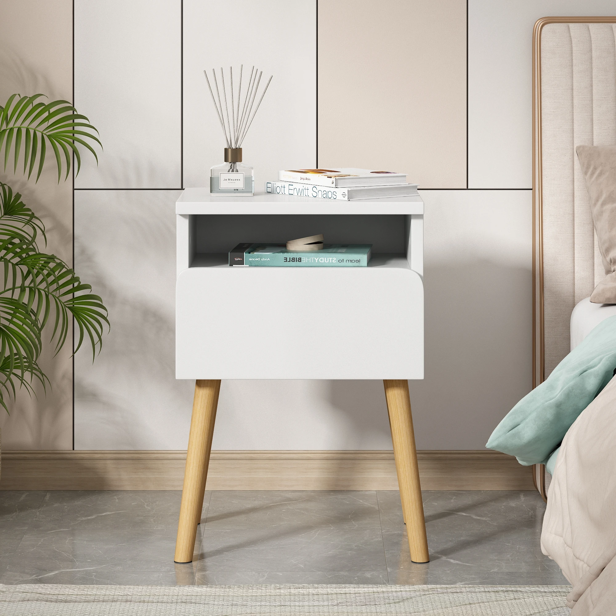 Oriental Style White Painting Paulownia Wood Modern Nightstand Bedside Table Cabinet Oak Open Storage Night Stand Narrow