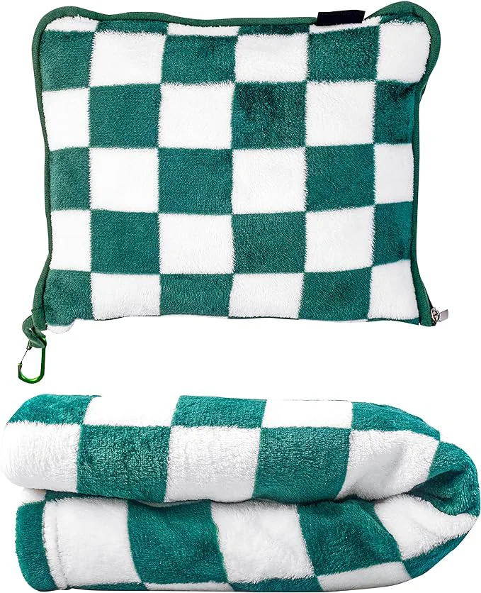 OEM 4-in-1 Soft Checkerboard Pattern Plaid Travel Blanket Portable with Zipper Bag Custom Logo 100% Polyester Travel Blanket