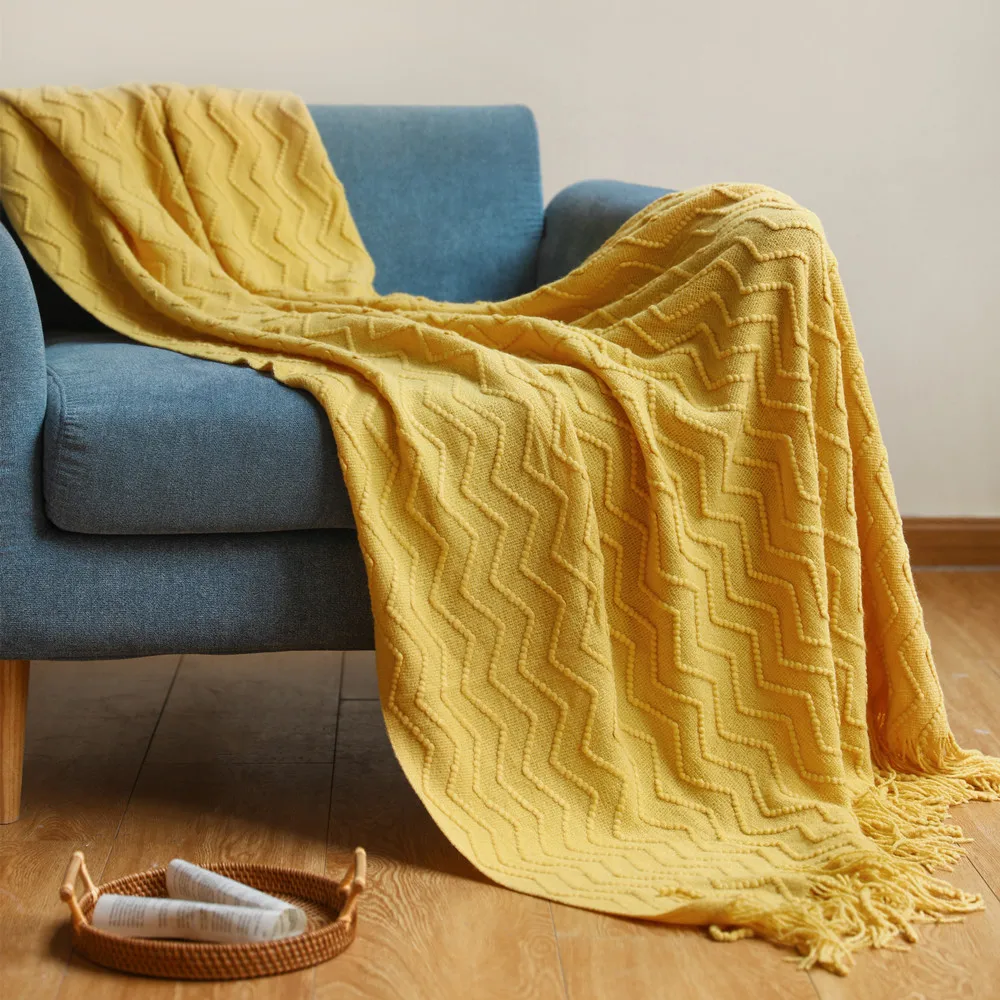Throw Blanket with Tassel Sofa Bedspread Travel Jacquard Towel Soft Grey Yellow Knitted Blanket Bed Decor