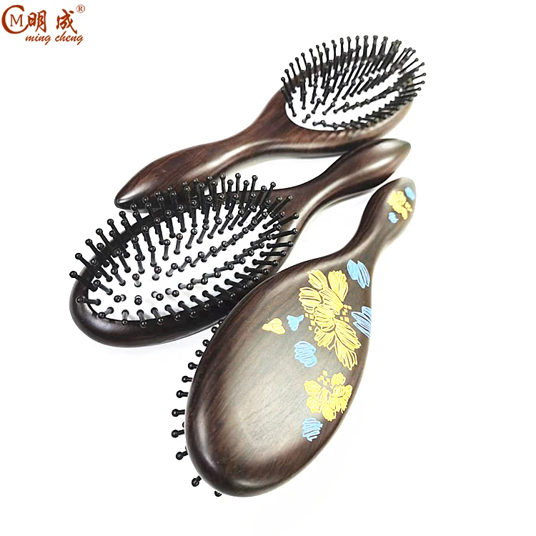 Antique luxury ebony airbag  health care massage carvings handle hair brush with custom private label