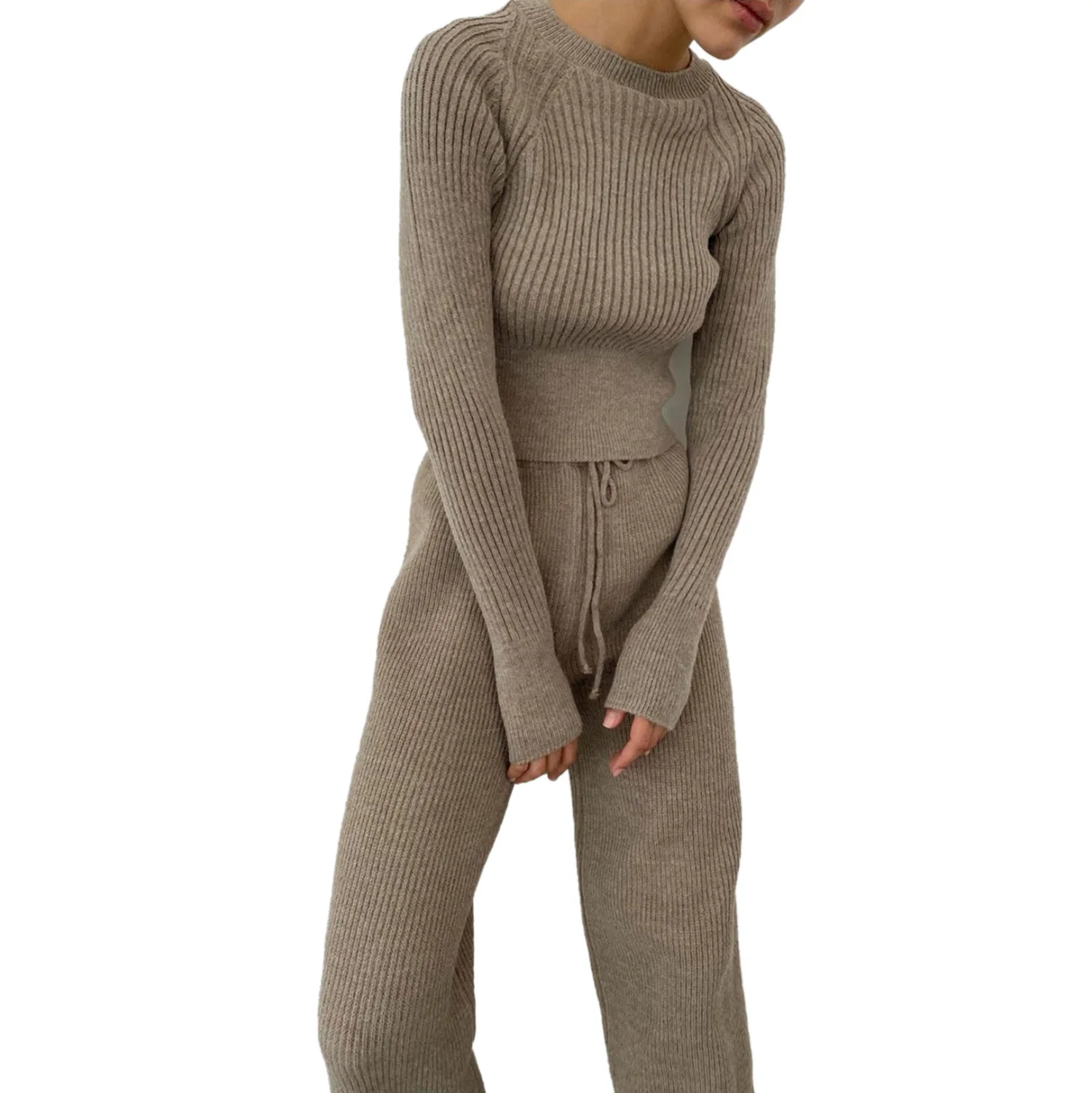 New Arrival High Quality Long Sleeve Wide Leg Knitted Ribbed Two Piece Lounge Wear For Women