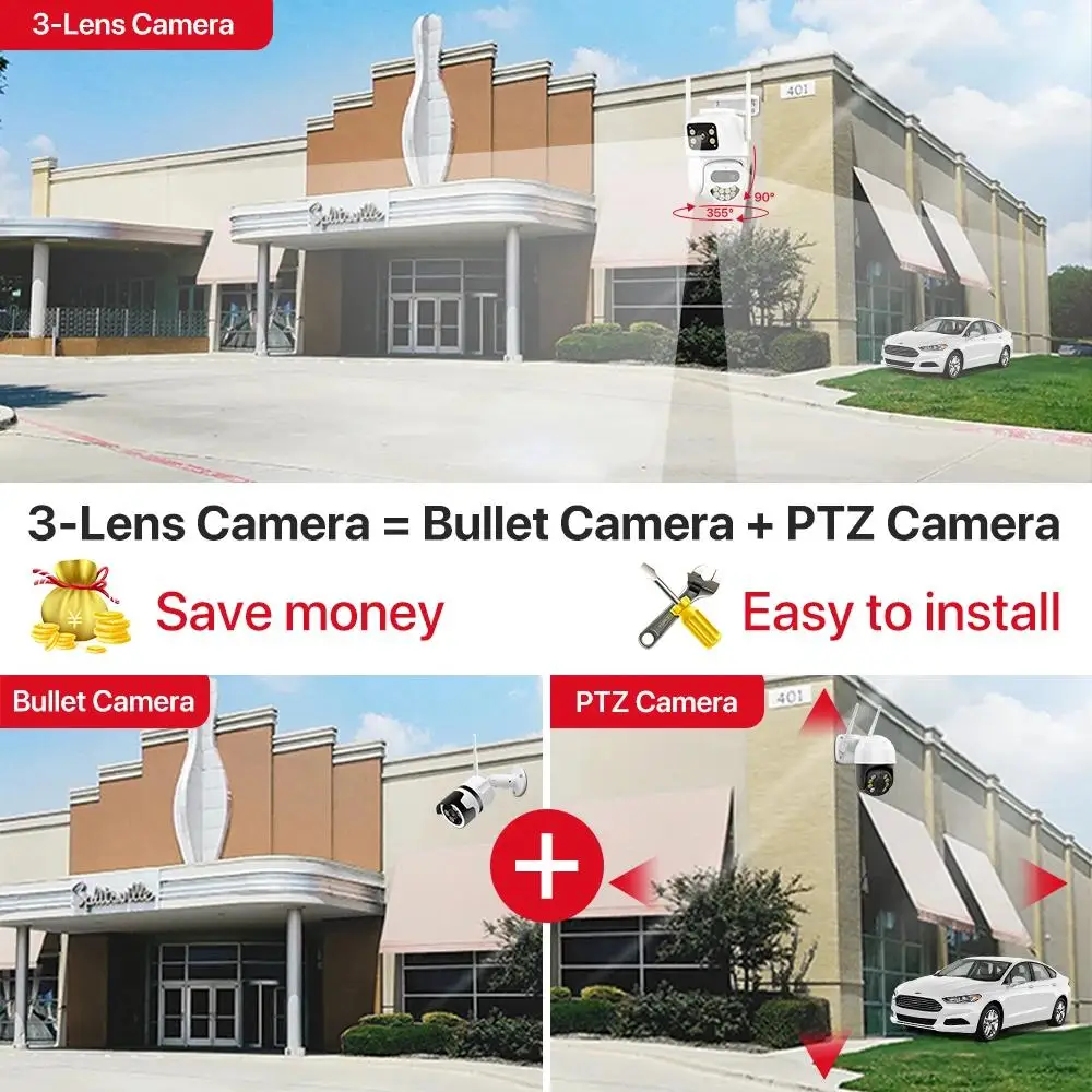 Regis 9MP 8X Optical Zoom Camera Outdoor Waterproof Wifi Cctv Ip Security Network Ptz Three Lens Icsee Wifi Camera