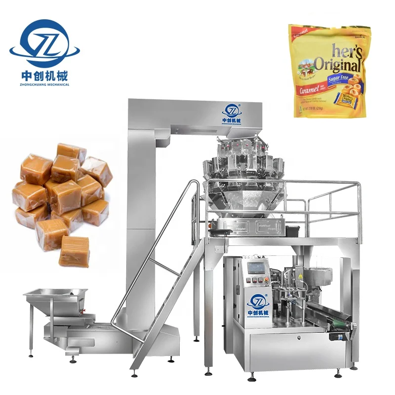 Automatic Weiging Bagging Sugar Toffee Caramel Candy Candies Doypack Premade Bag Zipper Stand Up Pouch Packing Machine