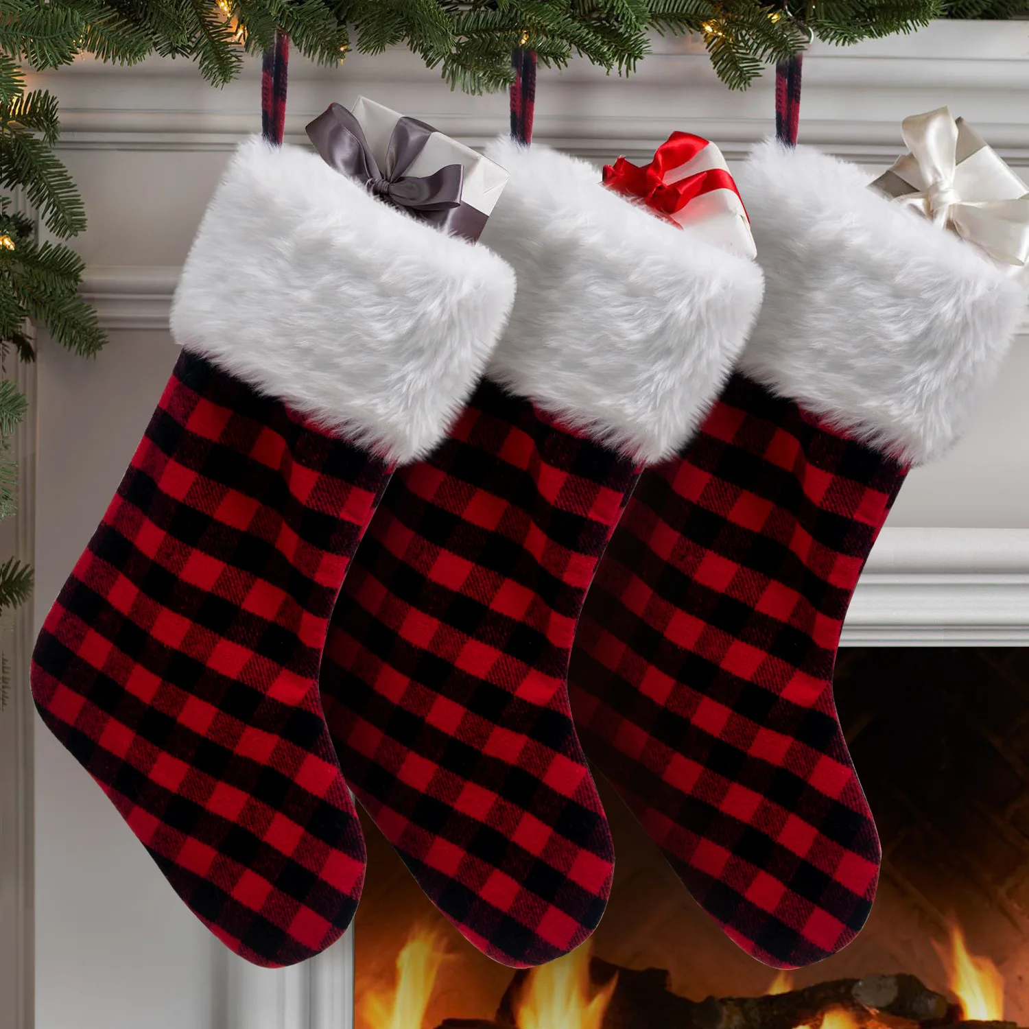 Black Red Plaid White Faux Fur Cuff Buffalo Check Socks for Holiday Christmas Decorations luxury christmas stocking
