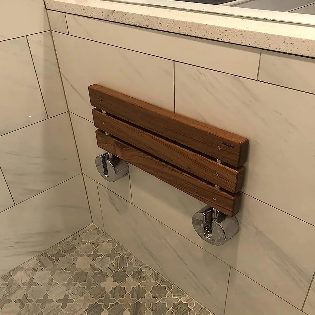 400 lbs Capacity 20 Inch Teak Folding Bathroom Bench Stool Seating Chair Medical Wall Mounted Fold Down Shower Seat