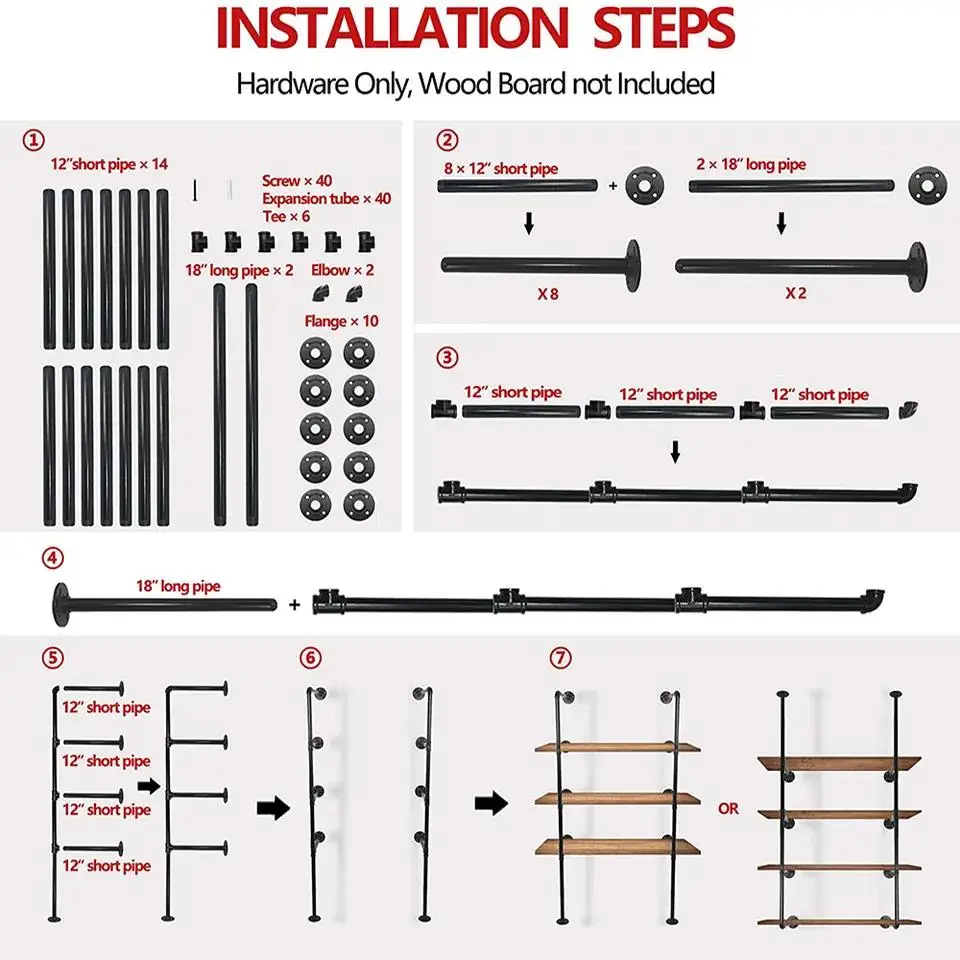 4-Tier mounted hanging Diy metal Shelve bracket wooden floating wall shelves with industrial pipe