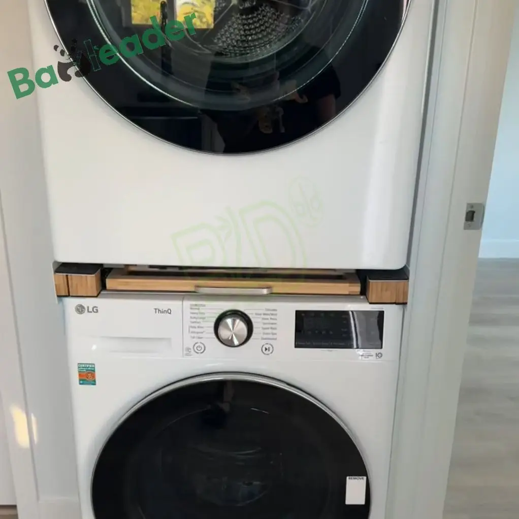 Adjustable Bamboo Stacking Kit for Washing Machine Dryer Bamboo Stackable Laundry Machine and Dryer Set Shelf with Sliding Shelf