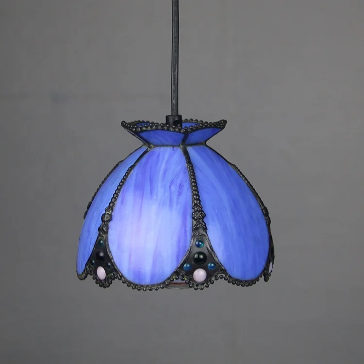 LongHuiJing 6Inch Antique Brass Finish Bell Hanging Light Tiffany Style Stained Glass Lampshade 1 Light Mini Pendant Light