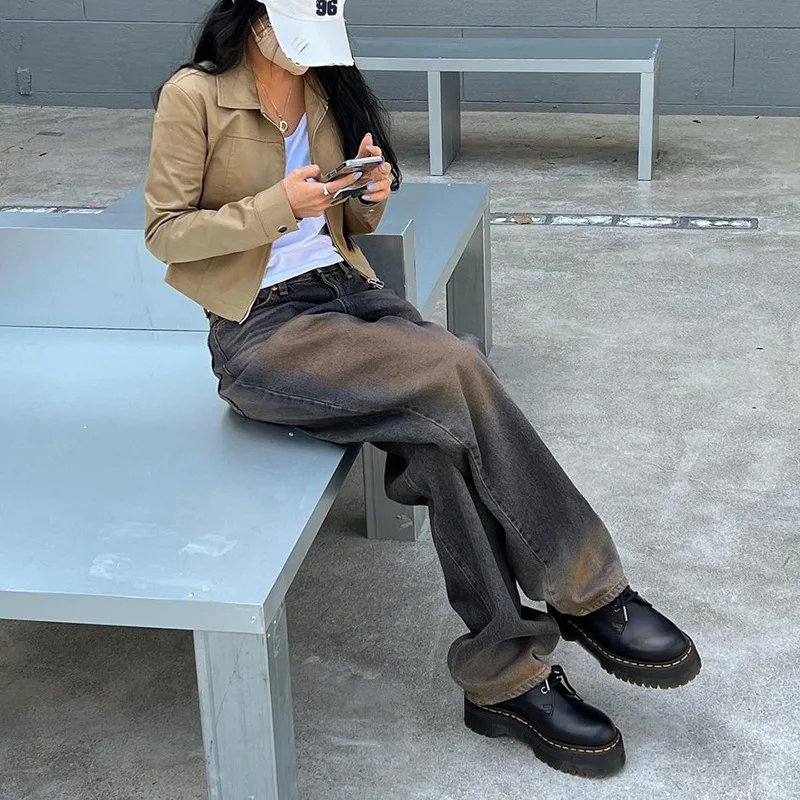 Fashion Women High Waist Jeans Hip Hop Streetwear Cotton Straight Trousers Washed Design Denim Pants For Girls