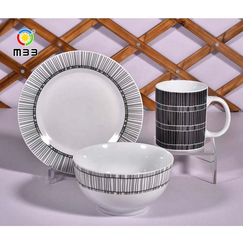 New Arrival Online Shopping White and Black Lines Pattern 3pcs Dishes & Plates Bowl Mugs Porcelain Dinner Sets