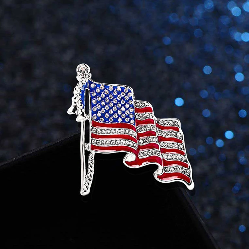 Enamel Crystal Waving USA American Flag Patriotic Corsage Brooch Pin for Clothes Scarf Bag Hat American Flag Brooches Lapel Pin
