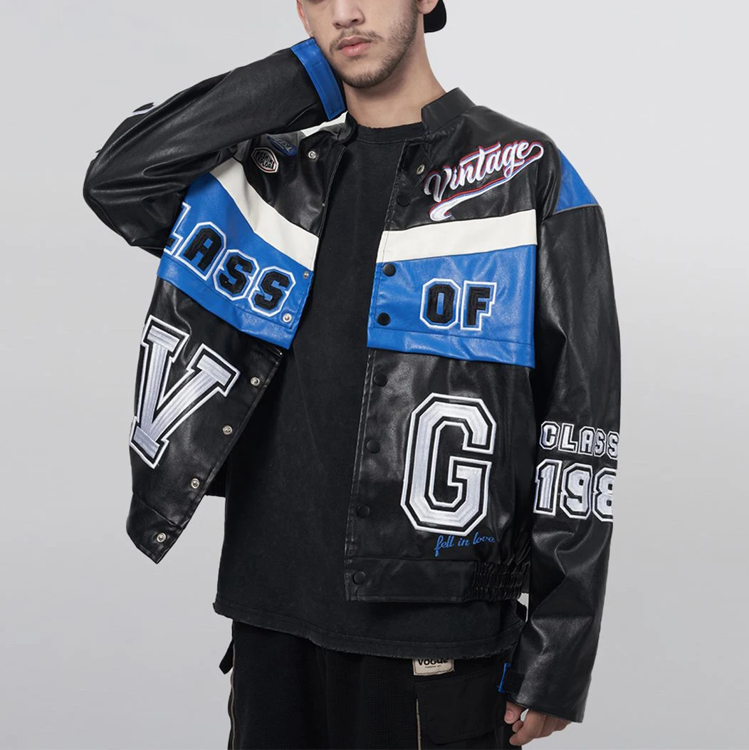 Patchwork Motorcycle Race Car Jackets Custom Logo Embroidery Silicone Patches Leather Varsity Jacket Men