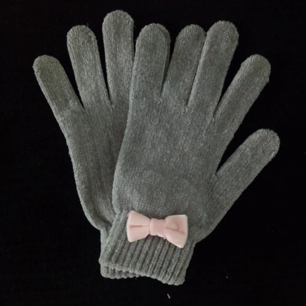 new style fashion lady pink knitted chenile gloves with bowknot