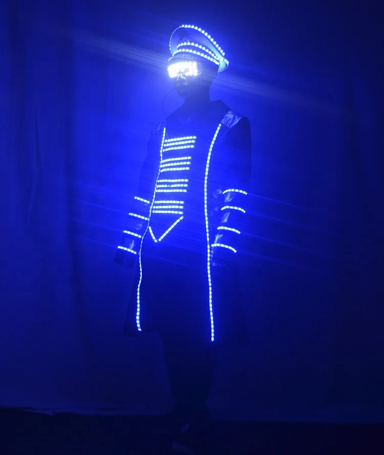 LED robot suit LED blue light clothes military uniform night club bar wine clothing  military cap KTV show future technology