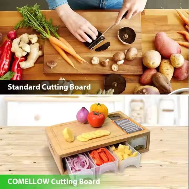 Bamboo Large Cutting Board with 4 Container Wood Cutting Board Chopping Blocks with Tray Draw Wood Butcher Blocks
