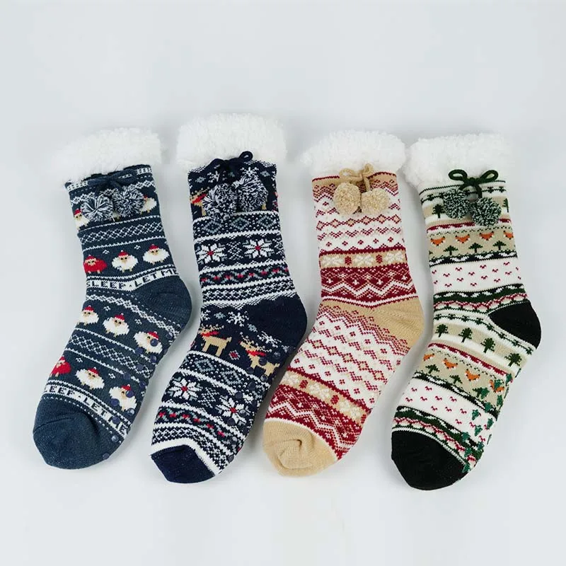 Christmas Style Cartoon Design with Pompom Indoor Thick  Knit Slipper Socks