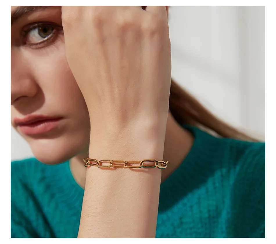 Оптовая продажа на заказ PVD 18K позолоченная нержавеющая сталь плоская Скрепка звено цепи браслет для женщин