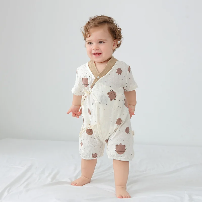 Summer Newborn Infant Toddlers Boys Girls Cartoon Thin Short Sleeve Pajamas Muslin Cotton Clothes Baby Rompers