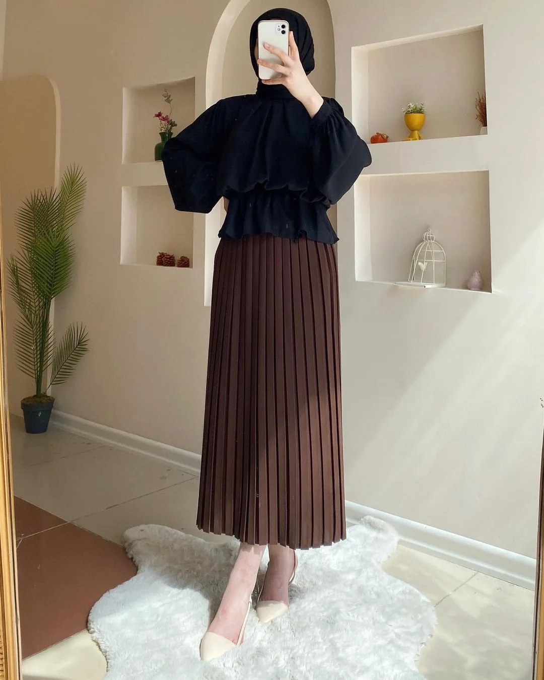 New Arrival 2 piece Fashion Long Lantern Sleeve Shirt Middle East Dubai abaya Muslim Blouse Vintage Pleated Skirt Suit
