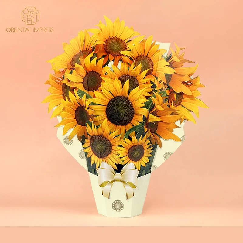 2024 Large Size Handmade Flower Bouquet Ornaments 3D Sunflower Pop Up Cards with Envelope