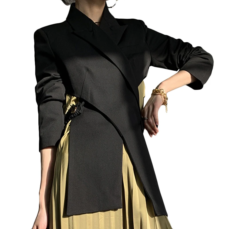 ONEINALL Notched Long Sleeve Backless Patchwork Loose Blazers Female 2021 Spring Clothes