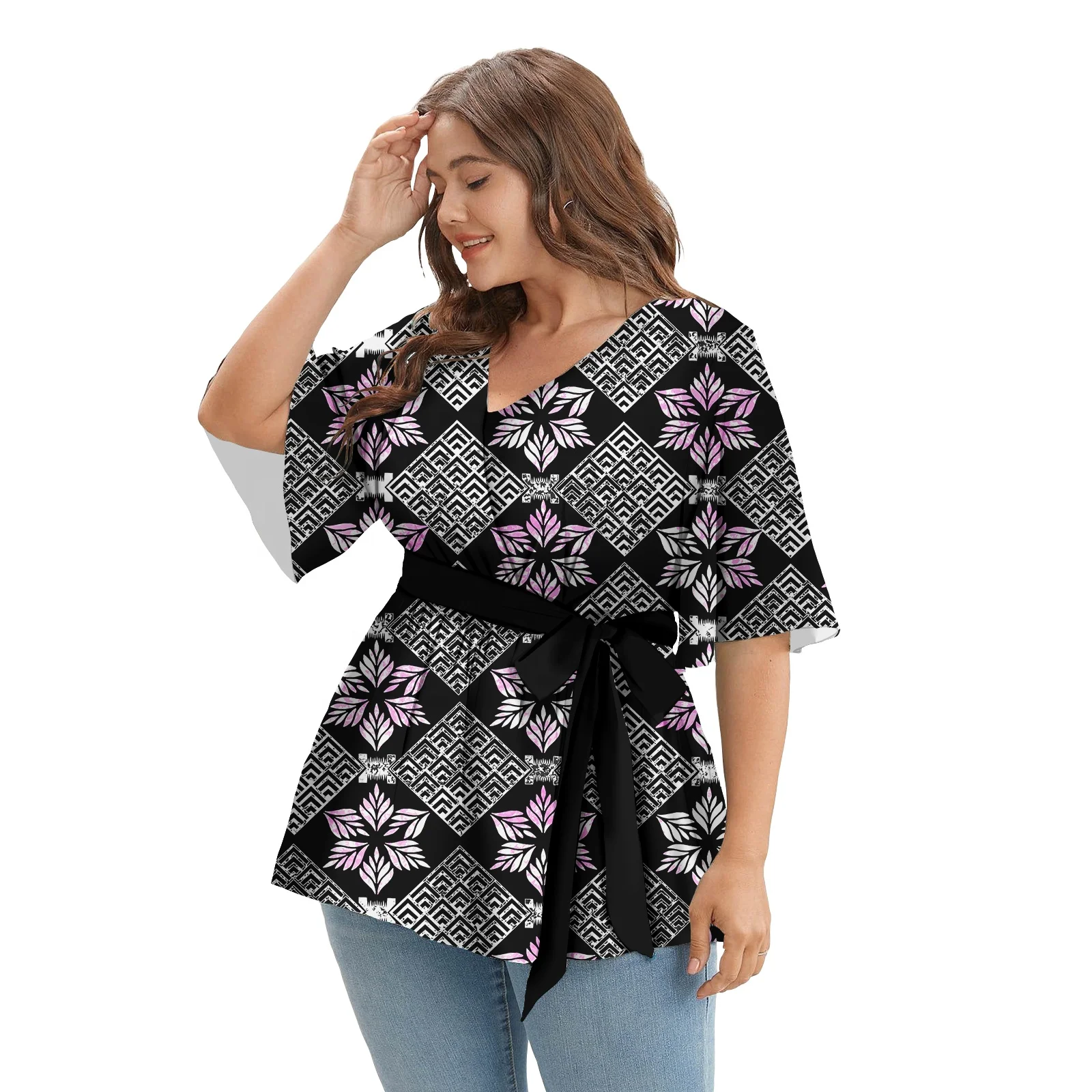 Woman Tops Fashionable Blouse Polynesian Tribal Hawaii Flower Designer Blouses For Women Short Sleeve Sexy Club Top Women