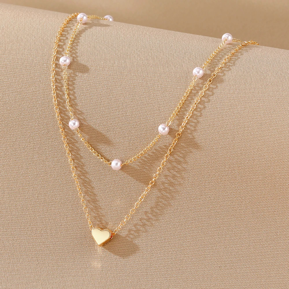 2024 New Fashionable Gold Pearl Geometric Heart Drop Cross Pendant Necklace For Women Jewelry Multilayer Link Chain Gift