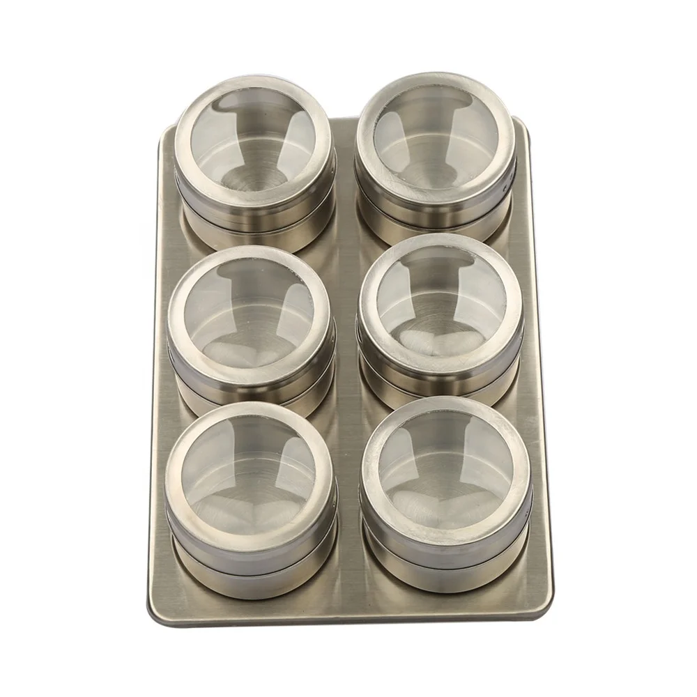 6pcs/set Magnetic Spice Jars With Wall Mounted Seasoning Box Magnetic Dustproof Visible Stainless Steel Spice Organizer Rack