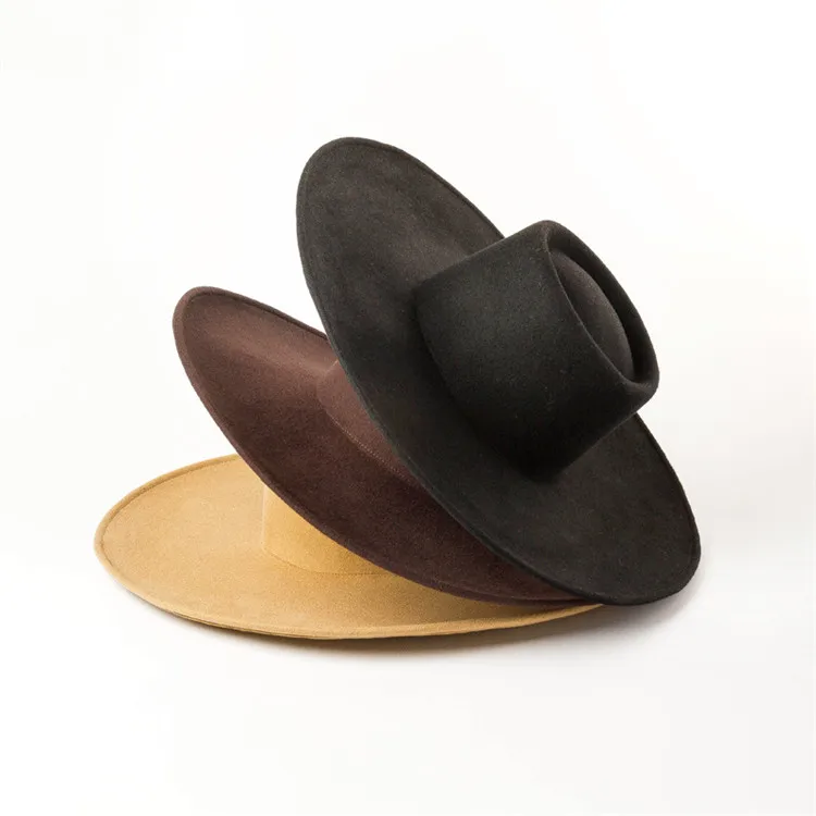 X1272  Unisex Wool Fedora Hats Light Body Ring Flat Top Big Brim Hats Wool Top Hat Catwalk Shopping Big Edge Felt Caps Adjust