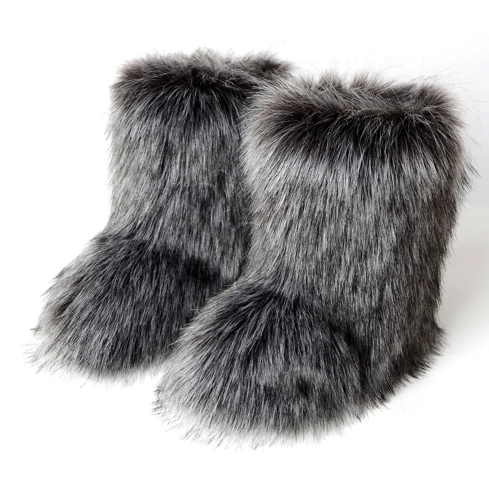 Botas Winter Faux Fur Boots Wholesale Fake Raccoon Fur Mujer for Women 2024 Ladies Adult Plush Winter Shoes for Men Unisex Midi