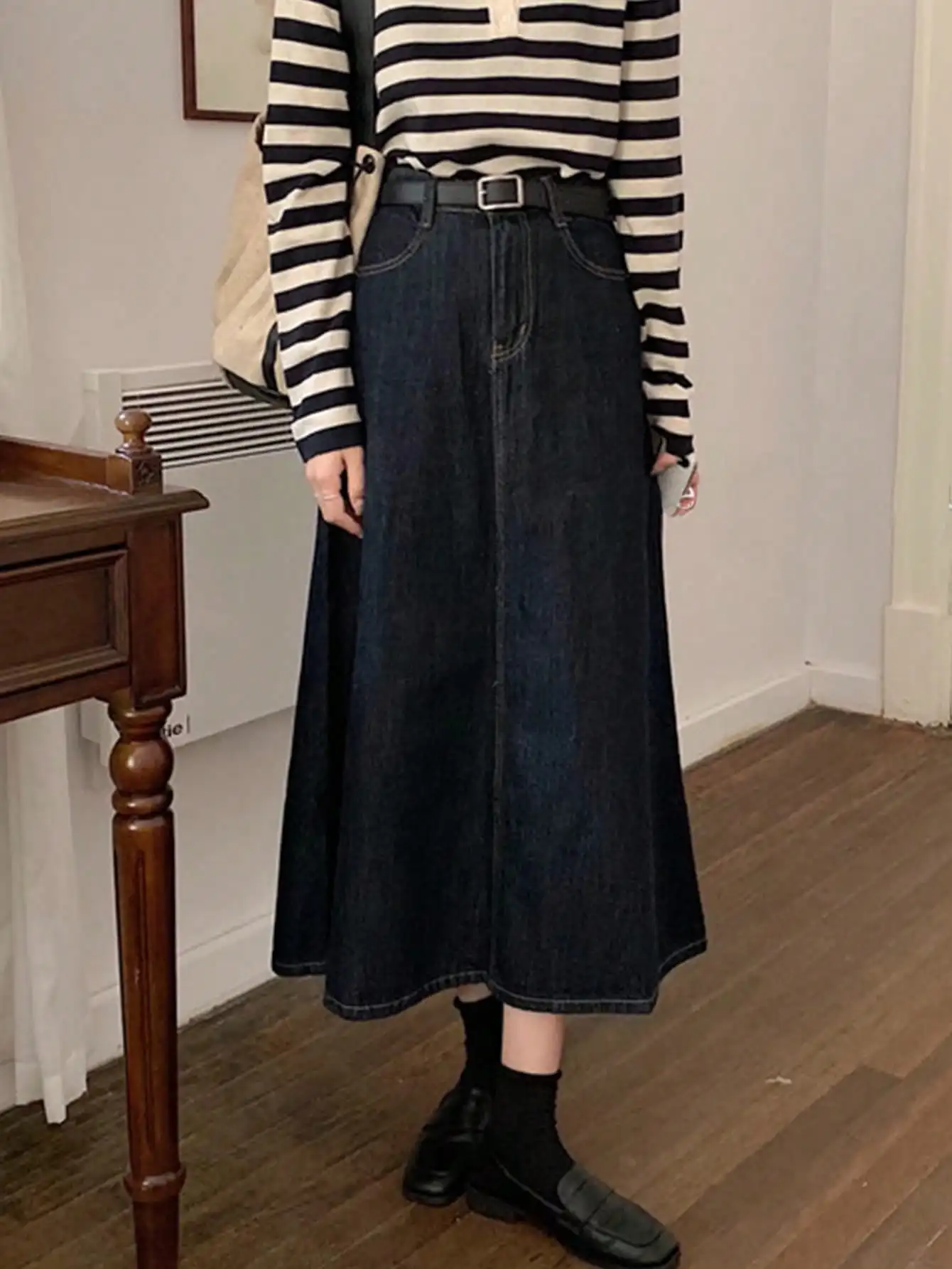 Free Sample Women Jeans Skirts Ladies Denim Blue All-Match Ulzzang Stylish Popular College Girls High Waist Denim Midi Skirt