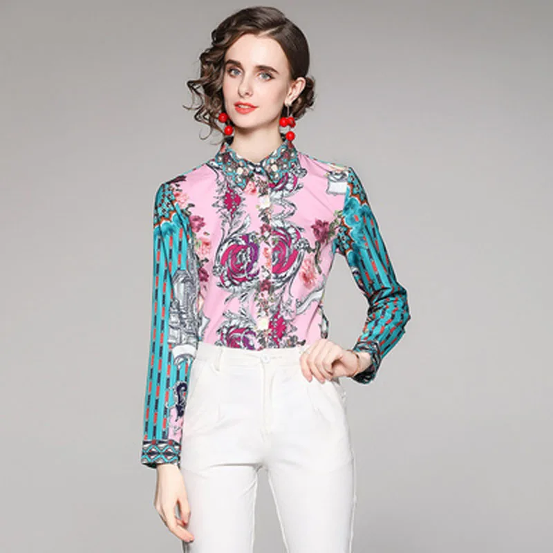 DD1147045#European and American fashion all-match waist waist was thin positioning printing shirt