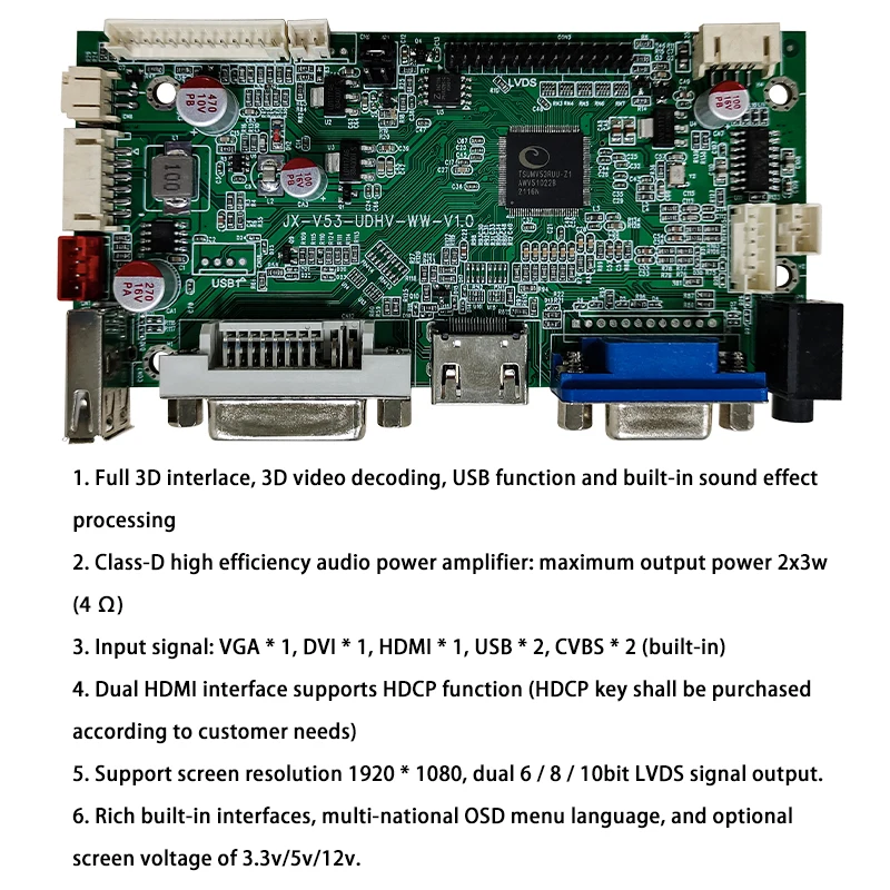 JX-V53UDHV LCD screen monitor LVDS controller  board support HD MI+DVI+VGA+USB+Audio resolution to 1920x1080P suit for 14~55inch