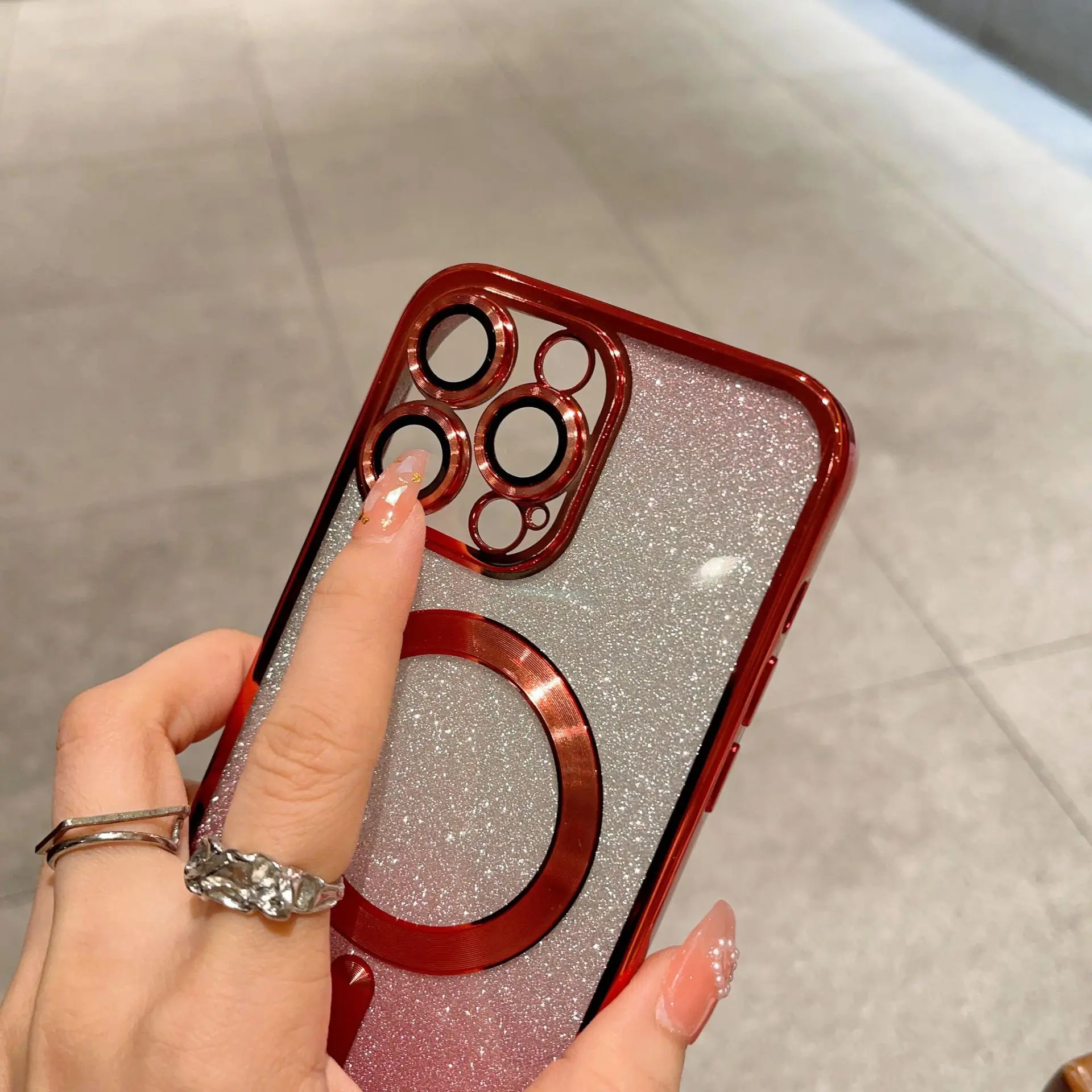 Bling Glitter Layer Clear TPU Magnetic Phone Case for iPhone 14 Pro Max 13 Soft Wireless Charging Back Cover