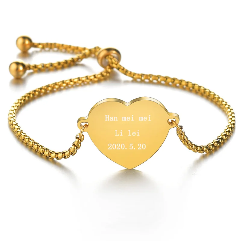 Bracelet Custom Logo 18k gold plated stainless steel round box chain adjustable custom engraved heart bracelet