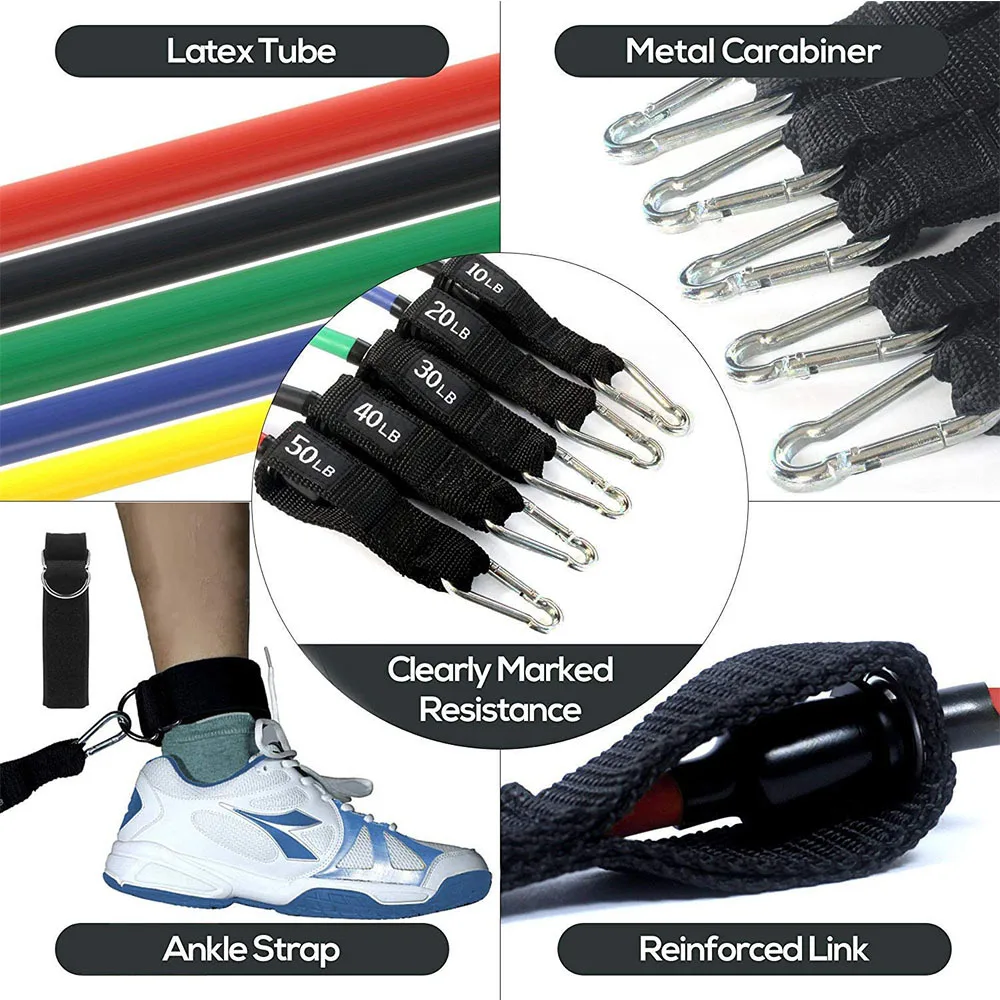 11 pcs custom logo printed TPR TPE  latex Tubes Heavy Duty workout equipment fitness Exercise Elastic Band set resistance bands