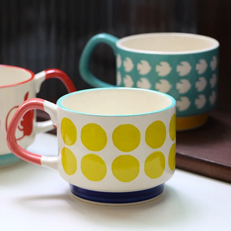 Set of 4 pcs coffee cup Ceramic stackable mug with color glazed custom color glaze stackable mugs