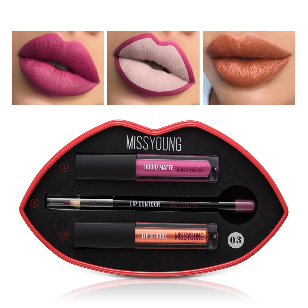 Hot selling lip gloss 2+1 set lip pencil lipstick Matte pearlescent lip gloss lipstick pen wish explosion