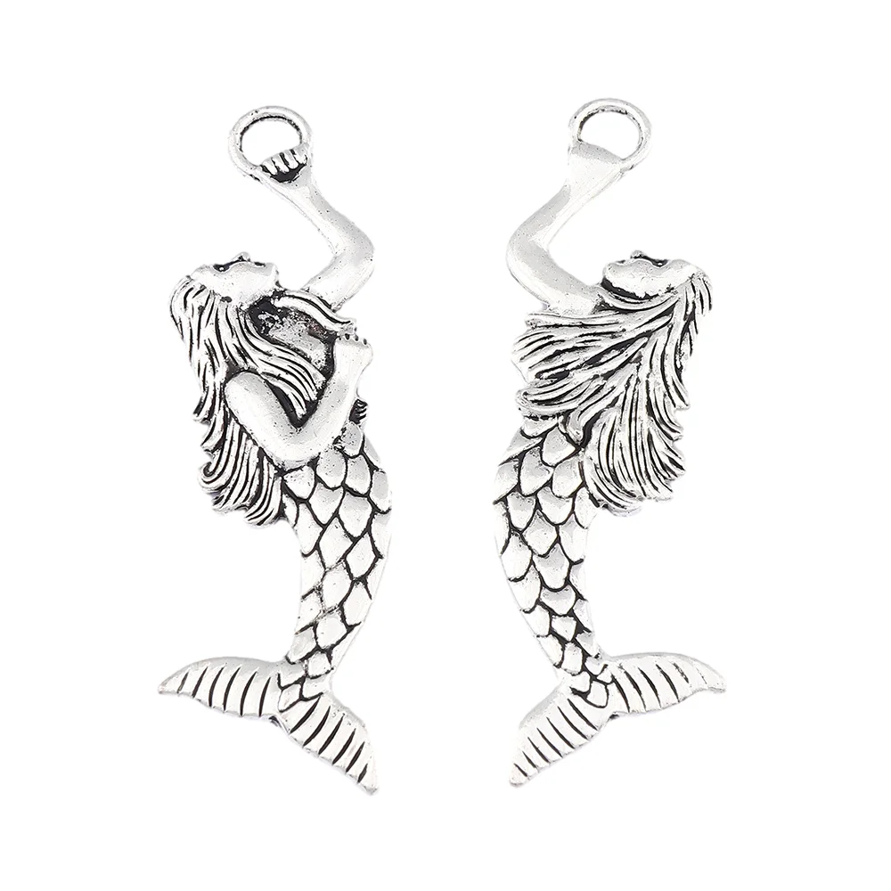 Antique Silver Tone Large Mermaid Goddess Nautical Charms Pendants For Necklace DIY Jewelry Making 72x20mm