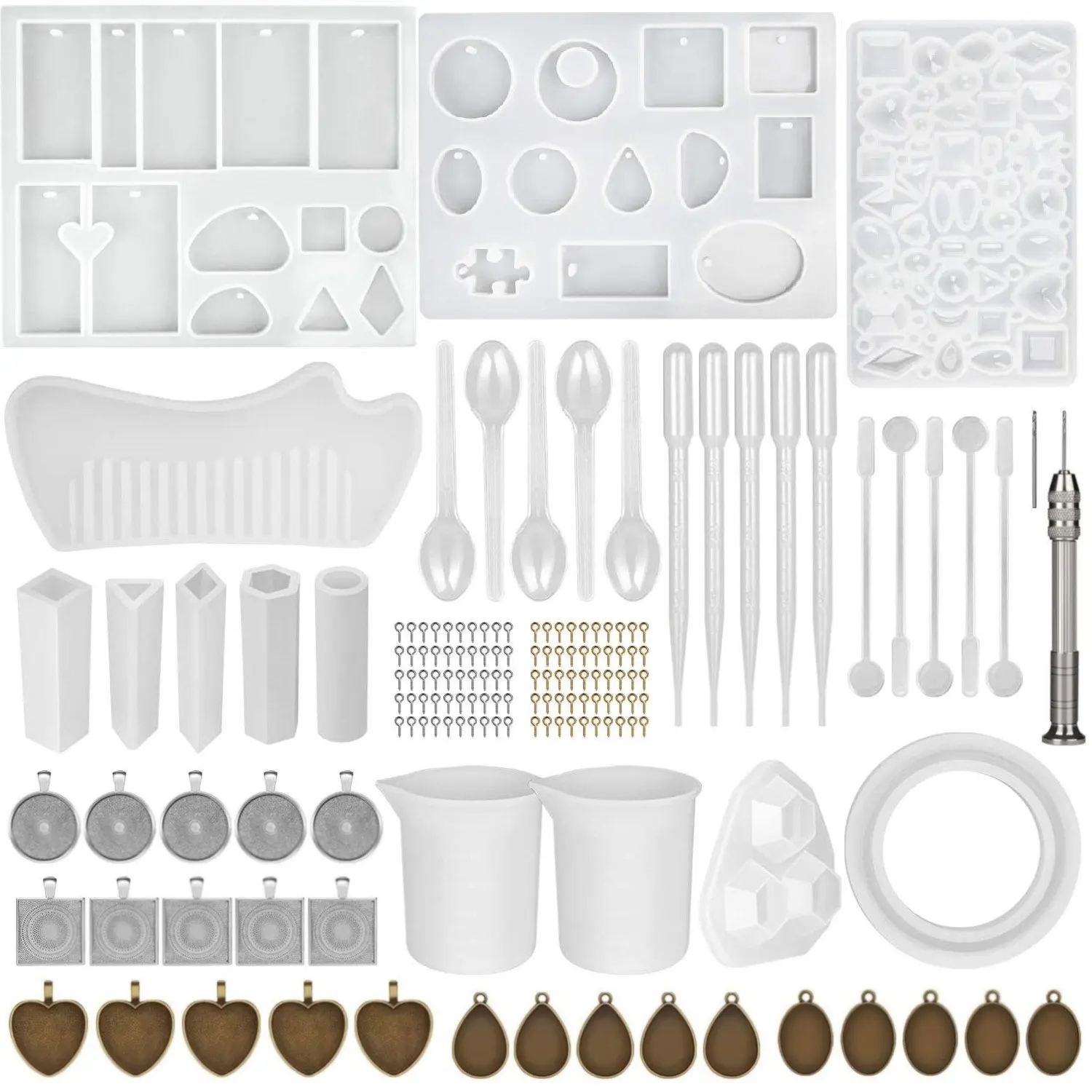 129 Pcs Silicone Casting Resin Molds Tools Set & 25 Pcs Time Gem Pendants For DIY Resin Jewelry Artcraft Uv Epoxy Craft