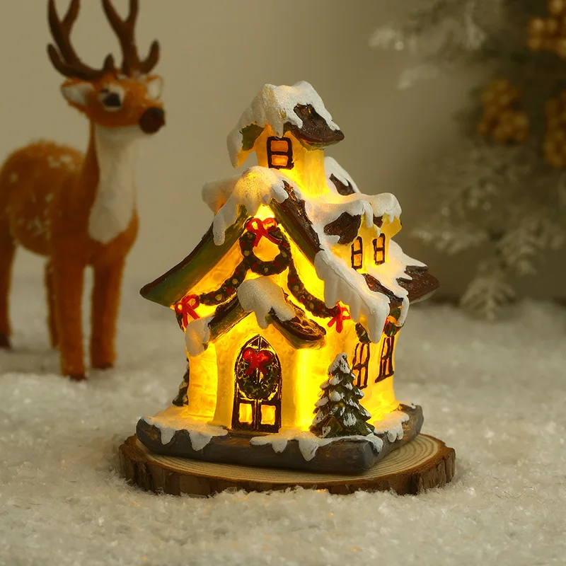 Christmas Decorations Christmas Light Up Resin Snowroof Village LED Light House Christmas Micro Landscape Decoration