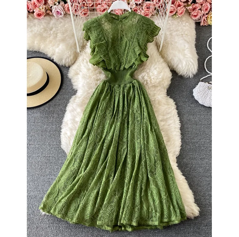 2024 New Fashion And Autumn Sleeveless Elegant Ruffle Black Green Formal Lace Maxi Dress
