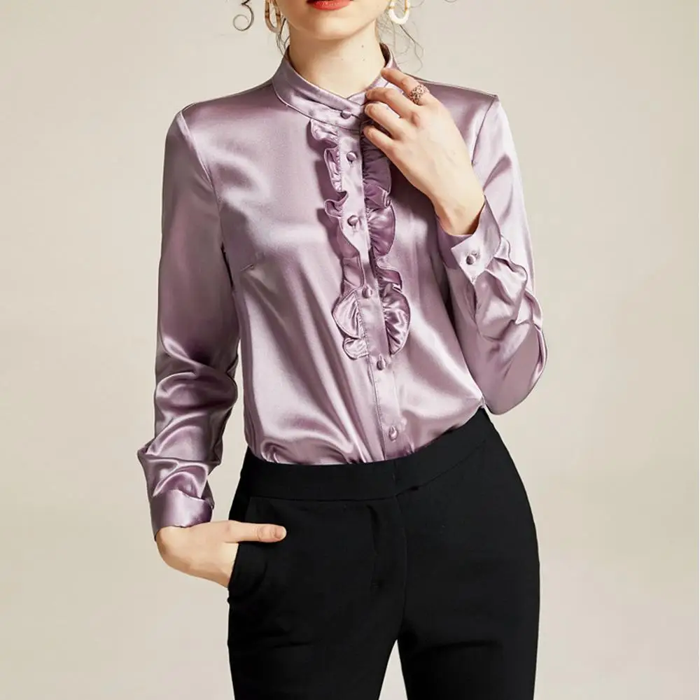 New Spring 2020 Pure Silk Stand Collar Ruffle Patchwork Long Sleeve Shirt Casual Office Blouse For Ladies