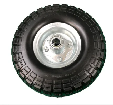 Factory supply 10' pu wheel 410/350-4 flat free pu foam wheel with still rim and bolts for hand trolley